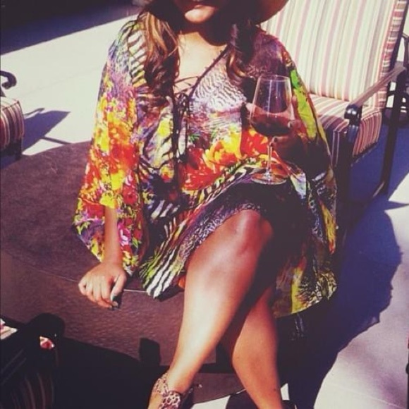 Kardashian Silk Sheer Floral Animal Multicolor Lace Up Shark Tooth Kaftan - Picture 1 of 7